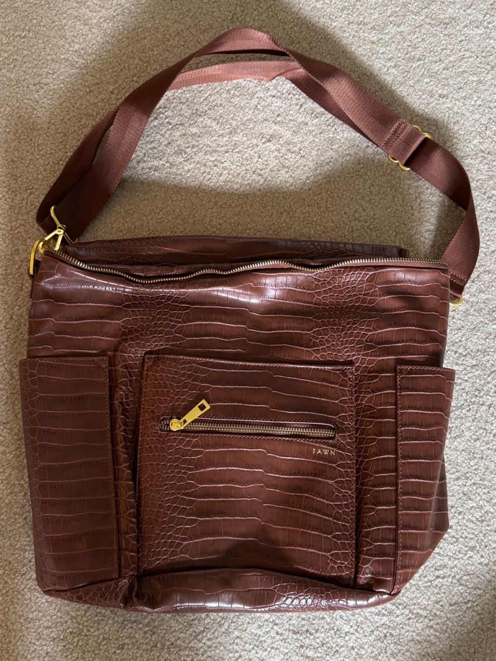 Fawn Design Brown Croc-Embossed Crossbody Bag with Gold Hardware
